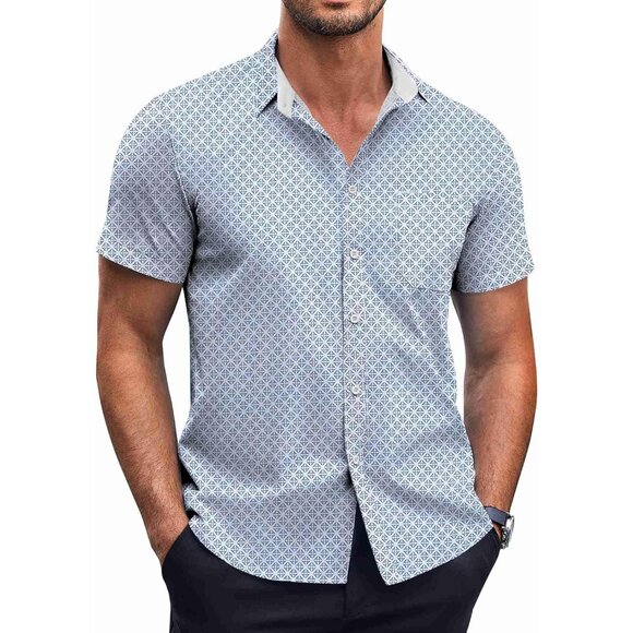 Blue Combo Men Short Sleeve Button Down Wrinkle Free Polka Dot Print Shirt - Picture 1 of 5